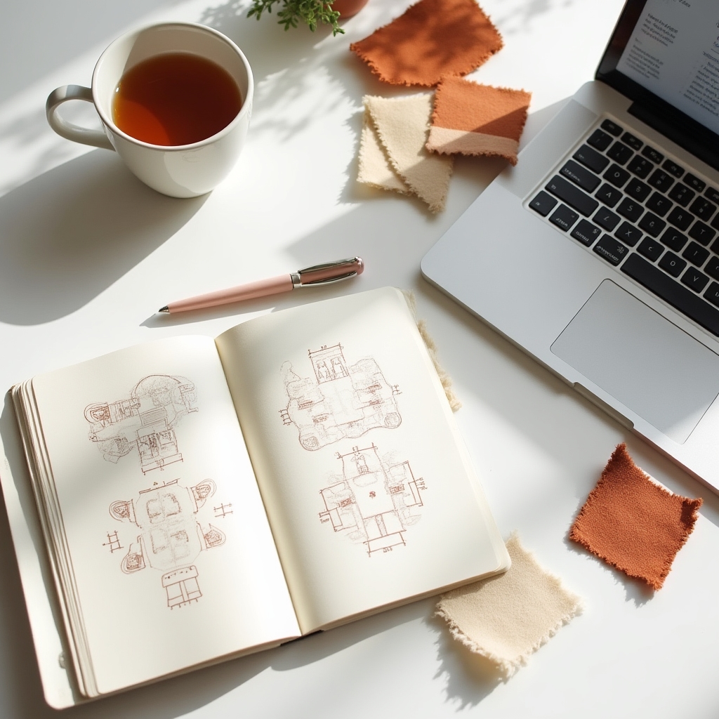 Heller Arbeitsplatz mit Notizbüchern, Tischtextilien und Musterkarten für den Kurs