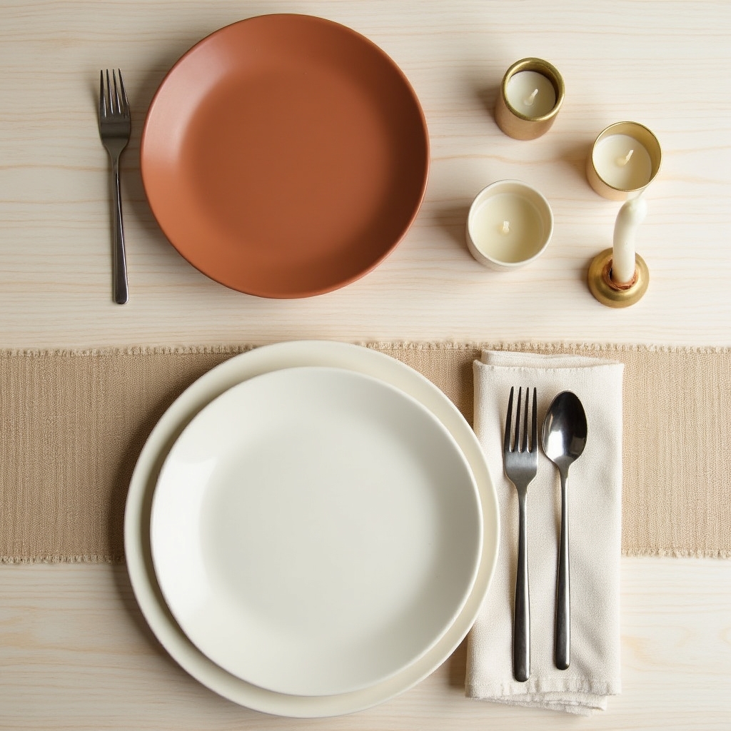 Flatlay aus Basis-Materialset mit Geschirr, Servietten und einer Kerze