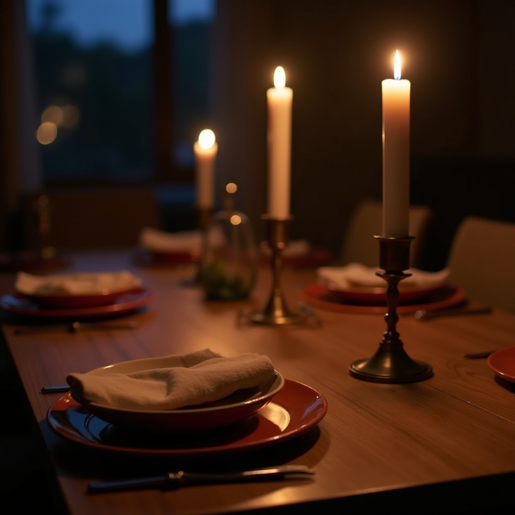Gedeckter Tisch am Abend mit warmem Kerzenlicht und weichem Schattenwurf